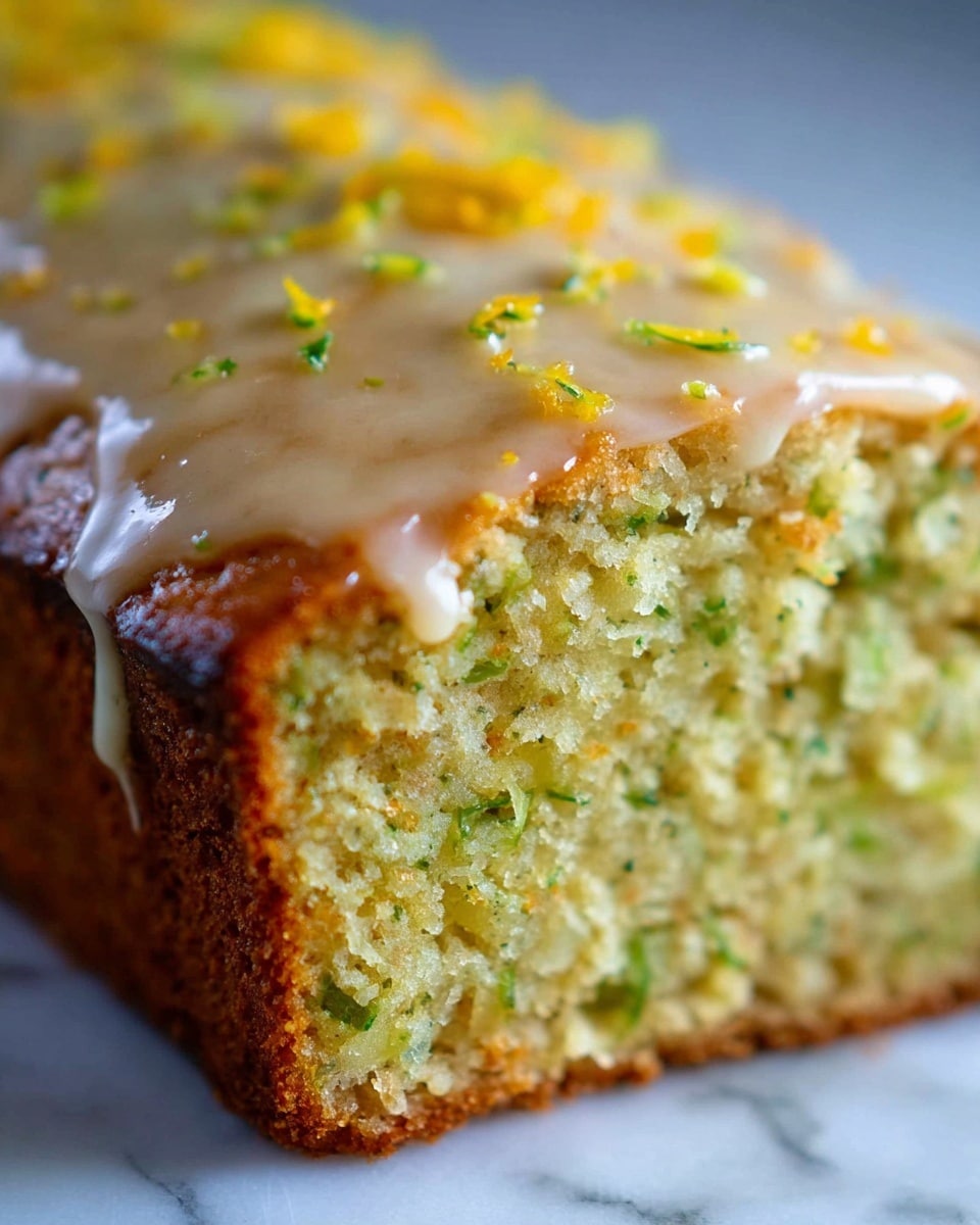 The image shows a moist slice of cake with two distinct layers: the bottom layer is a golden brown crust that looks slightly crispy, and above it is a thick, soft, and moist yellowish-green cake layer speckled with tiny bits of green and yellow, indicating vegetables or fruits mixed inside. On top, there is a smooth, glossy light beige glaze spreading unevenly, with small pieces of bright orange zest sprinkled over it, adding texture and color contrast. The cake rests on a white marbled surface. photo taken with an iphone --ar 4:5 --v 7