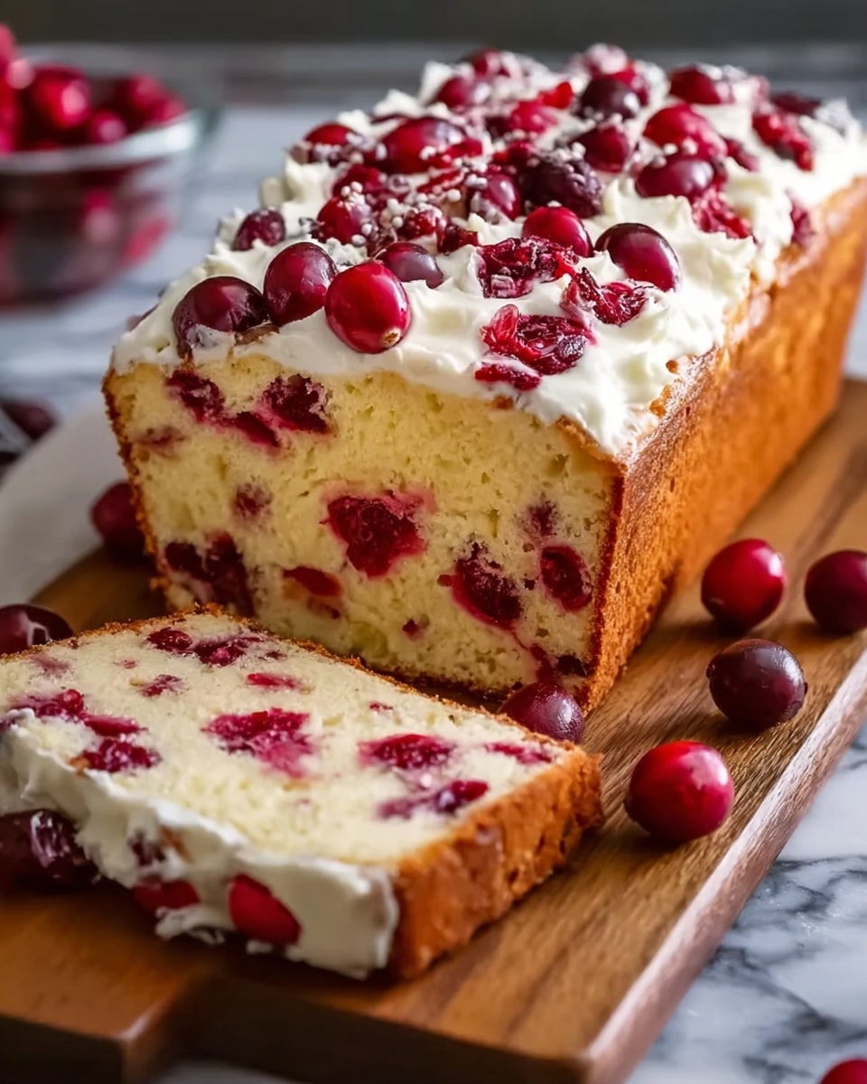 A loaf of cake with a golden brown crust sits on a wooden board with one slice cut out in front. Inside, the cake is light cream colored with many bright red cranberries spread throughout the soft, moist texture. The top layer is white with dollops of whipped cream and scattered cranberries, adding texture and color contrast. Several whole cranberries are placed around the board. The background is a white marbled texture. photo taken with an iphone --ar 4:5 --v 7