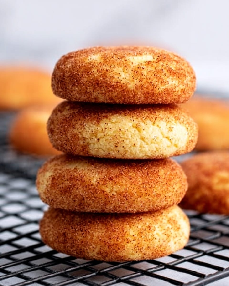 A stack of four soft, round cookies coated in a cinnamon sugar mix, showing a slightly cracked and textured golden-brown surface with lighter patches. They are placed on a black cooling rack that contrasts with the white marbled background. The cookies have a slight dome shape with a rough, crumbly outer texture and look freshly baked. In the blurred background, more cookies rest on the same black rack, giving depth to the image. Photo taken with an iphone --ar 4:5 --v 7