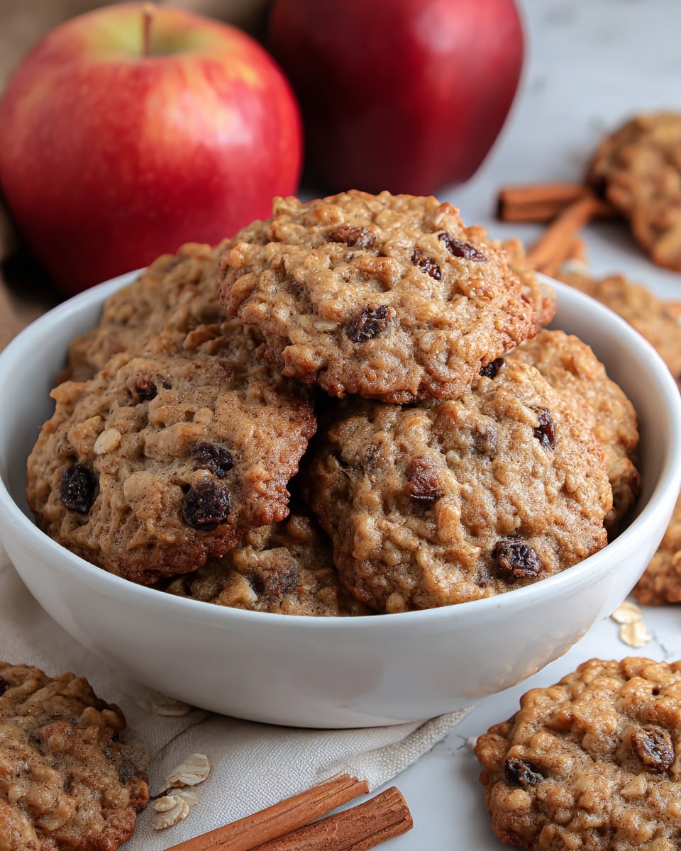 A white bowl filled with golden-brown oatmeal raisin cookies that have a rough texture and dark raisin bits scattered throughout, surrounded by more cookies placed casually on a white cloth on a white marbled surface; two bright red apples sit behind the bowl, and there are a couple of cinnamon sticks near the front right corner, adding warm brown tones to the scene, with a blurred glass of milk in the background. Photo taken with an iphone --ar 4:5 --v 7