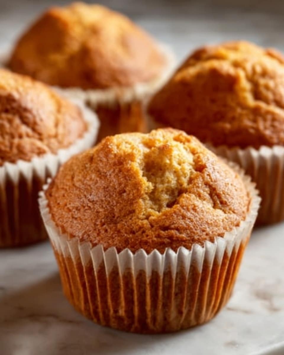 A close-up image of three golden brown muffins with cracked tops, each sitting in a plain white paper cup liner that crinkles around the base. The muffins have a soft, slightly rough texture on the top, showing a light crust. They are arranged on a white marbled surface, with warm natural light highlighting their fluffy and moist inside through the small cracks. Photo taken with an iphone --ar 4:5 --v 7