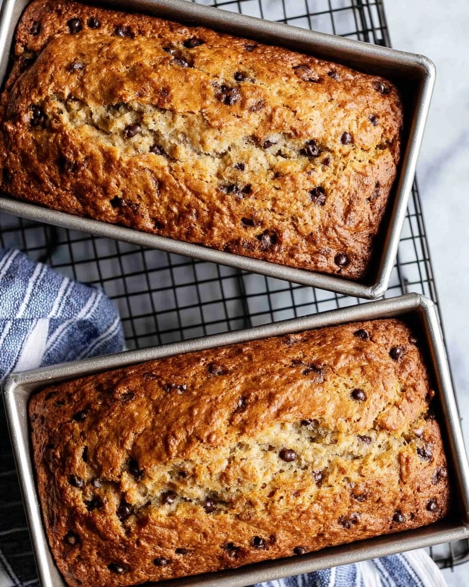 Two rectangular banana bread loaves with a golden brown, slightly cracked top layer filled with dark chocolate chips scattered through the top. The loaves are in silver metal baking pans placed on a black wire cooling rack. The background is a white marbled texture with a folded blue and white striped cloth partly visible under the rack. The texture of the bread looks soft and moist with a slightly crispy crust on top. Photo taken with an iphone --ar 4:5 --v 7