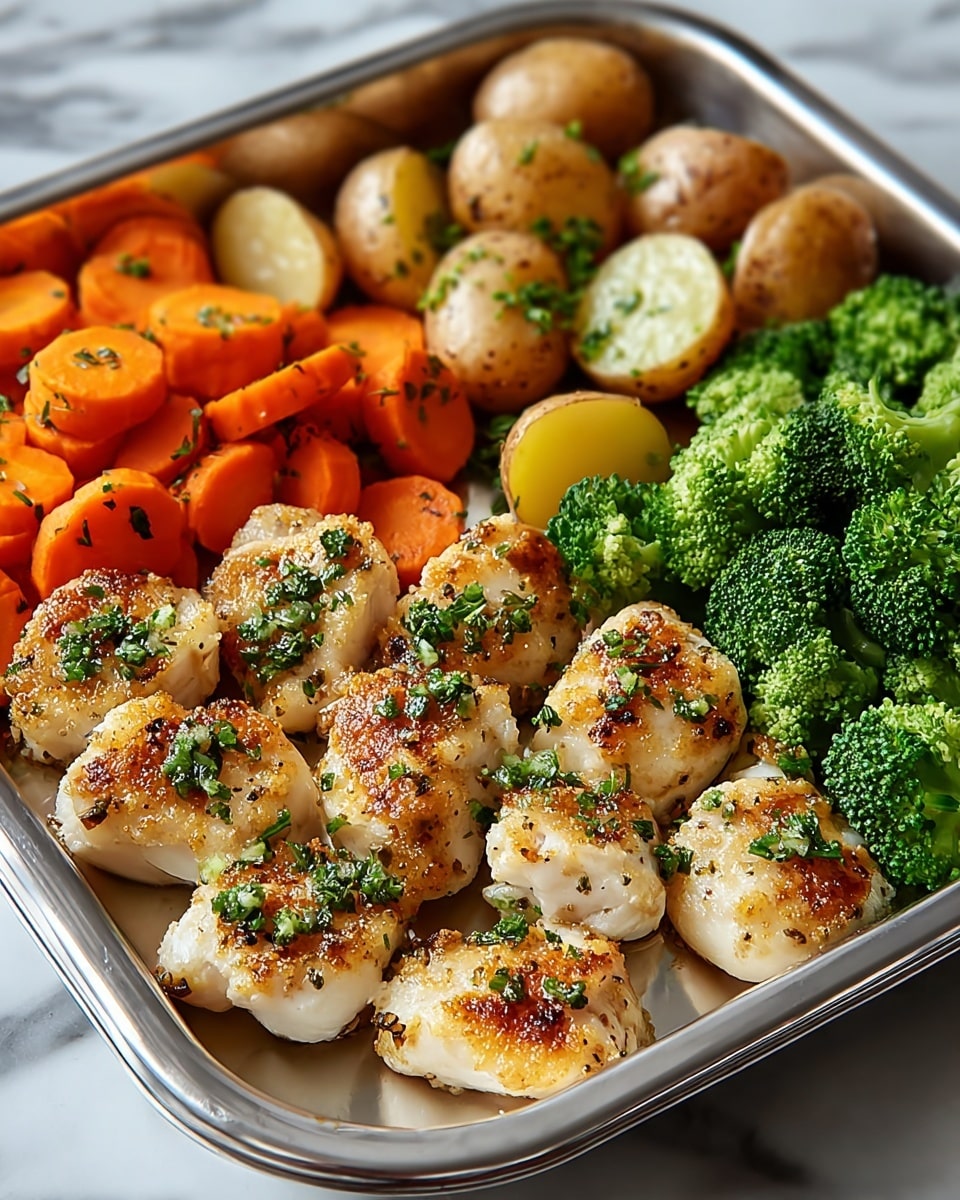 A shiny metal tray holds a meal with three parts: the center has about ten small pieces of golden-brown, slightly crispy fish topped with tiny green herb bits; to the left is a pile of bright orange carrot slices, cut thick and sprinkled with herbs; to the right and behind the fish are steamed green broccoli florets mixed with light brown small round potatoes, some cut in half showing their soft inside. The tray sits on a white marbled surface. photo taken with an iphone --ar 4:5 --v 7