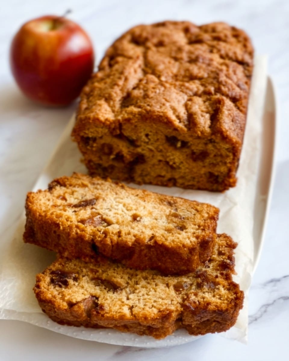 A loaf of golden-brown cake with a textured top sits on a white plate. One slice is cut from the loaf and laid in front of it, showing the inside filled with small dark bits, likely raisins or chocolate chips. The cake looks soft and moist with a crumbly texture on the edges. The background features a white marbled surface with a red apple partially visible in the top corner. Photo taken with an iphone --ar 4:5 --v 7