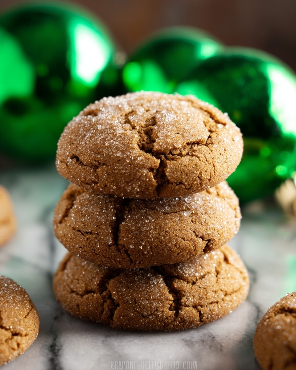 A stack of three round ginger cookies sits in the center, each cookie light brown with a cracked surface and a sprinkling of sugar crystals that sparkle in the light. The cookies have a rough and soft texture with visible grainy sugar on top. Behind the stack, blurred shiny green ornaments add a festive touch. The cookies rest on a white marbled surface that softly reflects the light. Photo taken with an iphone --ar 4:5 --v 7