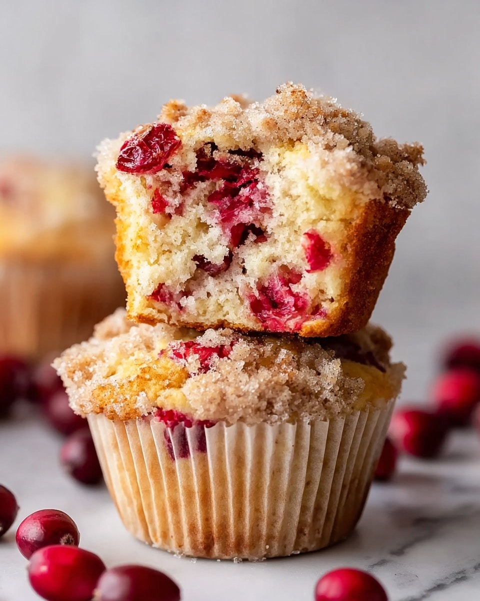 The image shows two muffins stacked on each other on a white marbled surface, with fresh cranberries scattered around. The bottom muffin has a light golden brown base with a crumbly light brown sugar topping. The top muffin is cut in half and reveals a soft, fluffy inside with bright red cranberries mixed throughout, matching the red pieces visible on the top and sides. The muffins have a slightly rough texture on top with some sugar crystals visible, and the paper liners are a pale beige color. The background is softly blurred, keeping focus on the muffins in the center. photo taken with an iphone --ar 4:5 --v 7