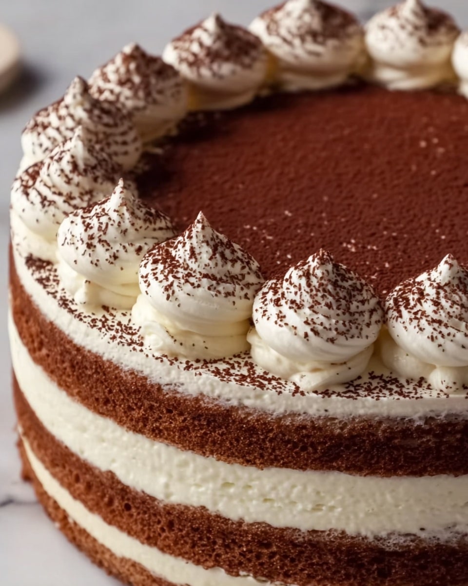A close-up view of a round cake with three visible layers, each consisting of light brown sponge separated by thick creamy white frosting. The top layer is covered with a smooth layer of white cream dusted evenly with cocoa powder. Around the edge, dollops of white whipped cream are piped in a circular pattern, each sprinkled lightly with cocoa powder. The cake sits on a white marbled surface. photo taken with an iphone --ar 4:5 --v 7