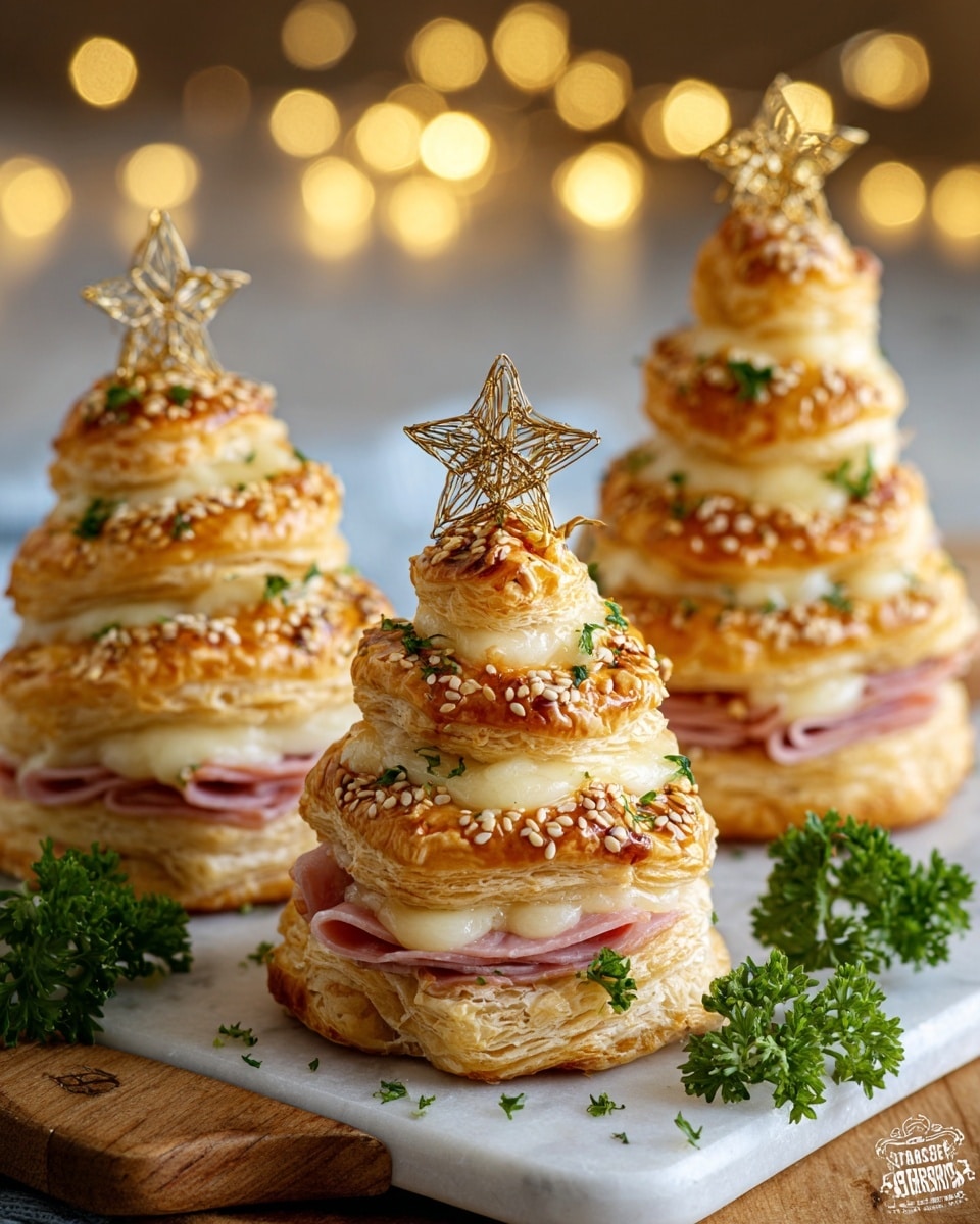 The image shows three small puff pastry stacks shaped like Christmas trees on a white marbled surface. Each tree has multiple layers of golden-brown puff pastry with a flaky texture, separated by thin folds of pink ham and melted creamy white cheese. The top layer of each pastry tree is garnished with sesame seeds and chopped green herbs, and a small golden star topper is placed at the peak of each stack. The trees are arranged on a light wooden board with some fresh green parsley around them. The background is softly blurred with warm yellow lights. Photo taken with an iphone --ar 4:5 --v 7