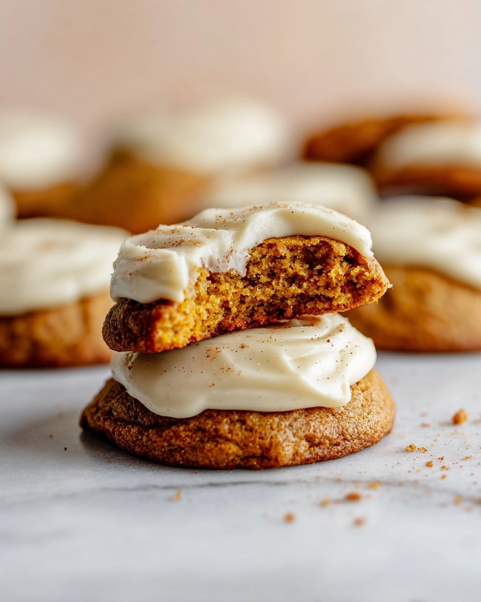 The image shows a close-up of two pumpkin cookies stacked on a white marbled surface. The bottom cookie is whole, golden brown with a rough texture and a smooth layer of creamy off-white frosting spread evenly on top, sprinkled lightly with brown spice. The top cookie is broken in half, revealing a moist, crumbly orange-brown inside, also topped with the same creamy frosting, with a smooth and slightly glossy texture. In the background, more cookies with similar frosting are softly blurred, creating a warm, inviting scene. Photo taken with an iphone --ar 4:5 --v 7