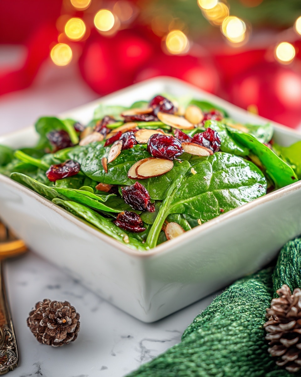 A fresh spinach salad is shown in a shiny red square bowl sitting on a white marbled surface. The salad is filled with many bright green spinach leaves layered thickly, sprinkled evenly with deep red dried cranberries, and scattered golden brown sliced almonds on top. In the background, there are fuzzy red and gold holiday decorations adding a festive feel. The bowl is close up, showing the glossy texture and vibrant colors of the salad ingredients. photo taken with an iphone --ar 4:5 --v 7