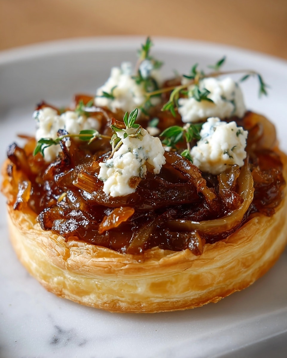 A single tart sits on a white plate with a white marbled texture beneath it. The tart has a thick, golden puff pastry base with visible flaky layers. On top, there is a generous layer of caramelized onions, which are deep brown with shiny, soft textures and curled edges. Scattered over the onions are small dollops of white creamy cheese, some with bits of green herbs. Fresh green sprigs of thyme lightly garnish the top, adding a touch of color and freshness. The photo is close-up and softly focused in the background, highlighting the rich details of the tart. Photo taken with an iphone --ar 4:5 --v 7