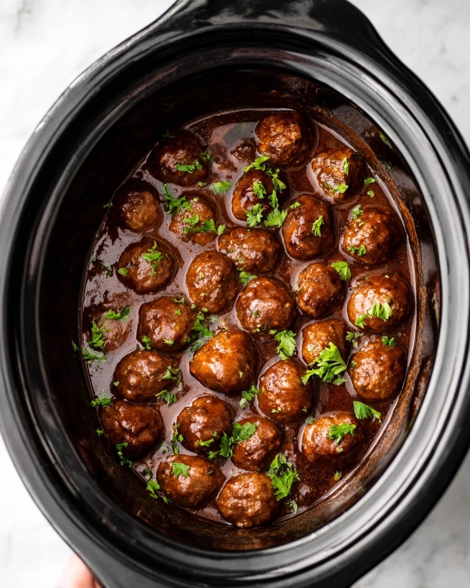 In the image, there is a black slow cooker filled with round brown meatballs covered in a rich, glossy brown sauce. The meatballs are evenly scattered and topped with small green parsley leaves that add a fresh touch. The slow cooker sits on a white marbled surface. photo taken with an iphone --ar 4:5 --v 7