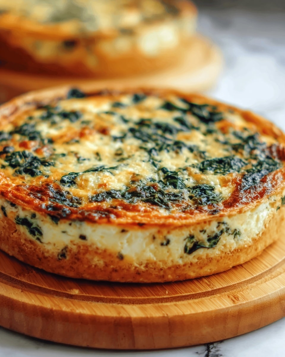 A round pie with a golden brown, slightly shiny top layer, showing some melted cheese and browned spots, sits on a wooden surface. The pie has a light, creamy filling mixed with visible green spinach leaves throughout. The crust is light and thin, visible at the edge, holding the filling inside. The background is a white marbled texture. Photo taken with an iphone --ar 4:5 --v 7