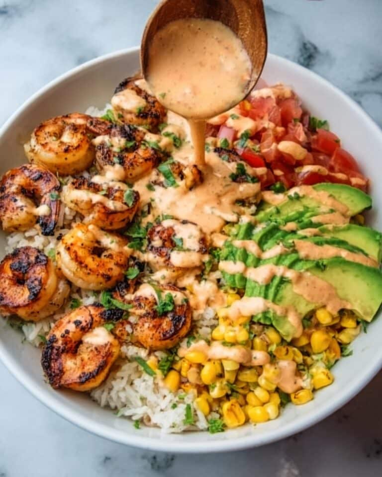 Grilled Shrimp Bowl with Avocado, Corn Salsa & Creamy Sauce Recipe