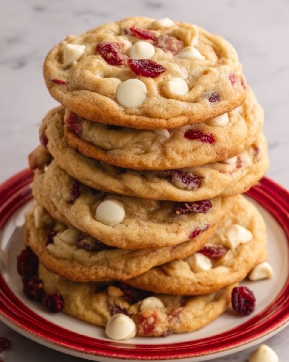 A stack of nine round cookies with a golden brown color sits on a white plate with a red rim, each cookie filled with white chocolate chips and dried cranberry pieces scattered on top and within the dough. The cookies have a slightly cracked texture on the surface, showing a soft and chewy inside, and are somewhat thick, layered closely on top of each other. The background is a white marbled surface. Photo taken with an iphone --ar 4:5 --v 7