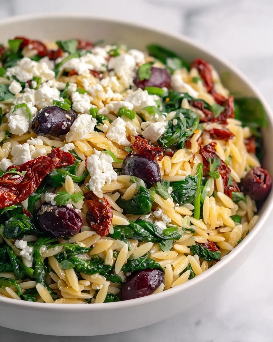 This dish is served in a white bowl filled with several layers and colors. The base layer consists of cooked light beige orzo pasta, mixed evenly with bright green cooked spinach leaves. Scattered through the orzo are dark purple olives and chunks of sun-dried tomatoes that are deep red and slightly wrinkled. On top of these layers, small dollops of soft white feta cheese are spread, offering a crumbly texture. The dish has a fresh, vibrant look with contrasting colors of beige, green, purple, red, and white, all sitting against a white marbled surface. photo taken with an iphone --ar 4:5 --v 7