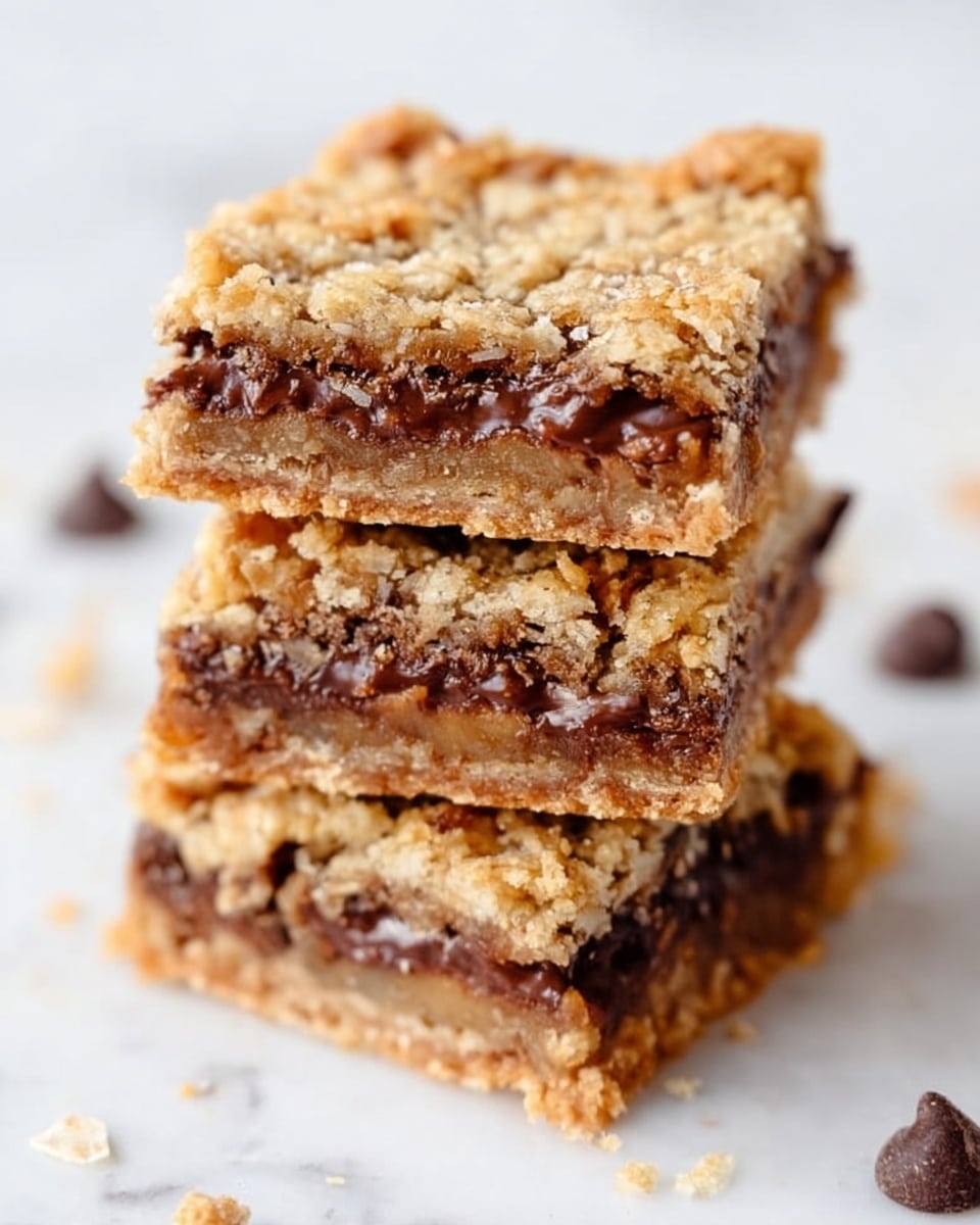 The image shows three stacked bars with three visible layers: the top and bottom layers are golden brown and crumbly with a rough texture that looks like oats mixed with dough, while the middle layer is thick, dark brown, and gooey, likely chocolate filling. Small bits of oats and chocolate chips are visible scattered around the bars on a white marbled surface. The bars have an uneven, slightly chunky shape with some cracks on the top layer, giving a homemade look. photo taken with an iphone --ar 4:5 --v 7
