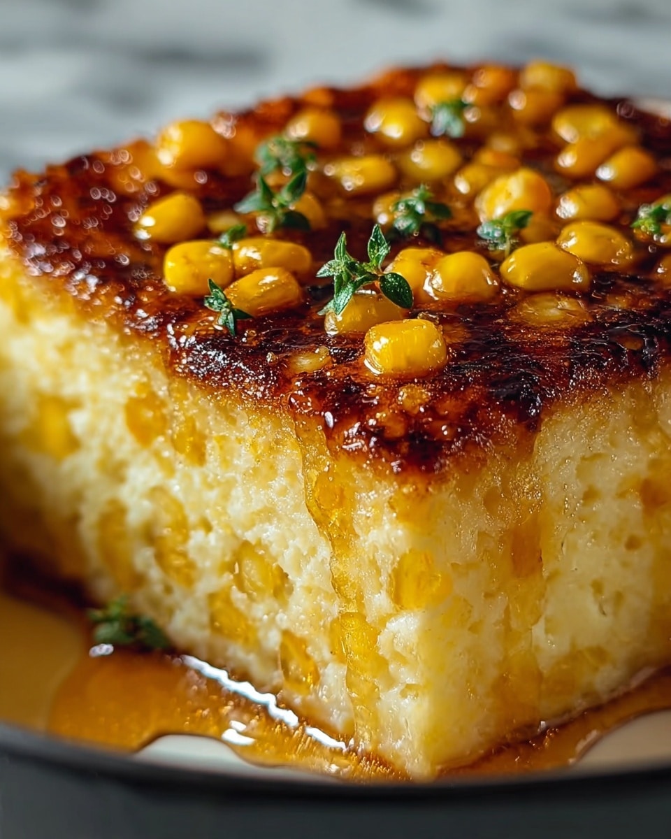 A close-up of a square slice of corn pudding with two visible layers, the bottom layer is a soft, light yellow pudding mixed with whole bright yellow corn kernels, showing a moist texture, while the top layer is a thick, golden-brown caramelized crust with scattered whole corn kernels and small bits of green herbs, sitting on a white marbled surface, with a subtle drip of caramel sauce running down the side of the slice, photo taken with an iphone --ar 4:5 --v 7