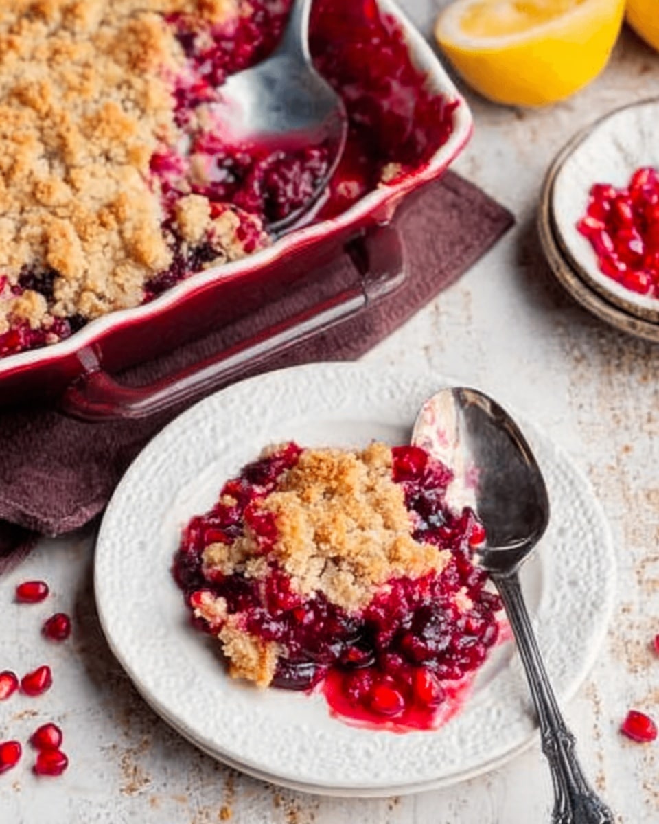 The image shows a white rectangular baking dish filled with a mixed red fruit cobbler that has a crumbly, golden-brown top layer. Next to the dish is a white round plate with a serving of the cobbler, featuring a thick, textured light tan crust layer that surrounds a juicy, bright red and dark red cooked berry filling in the center. A silver spoon lies beside the plate on a white marbled surface, along with scattered pomegranate seeds and a cut lemon in the background. Photo taken with an iphone --ar 4:5 --v 7