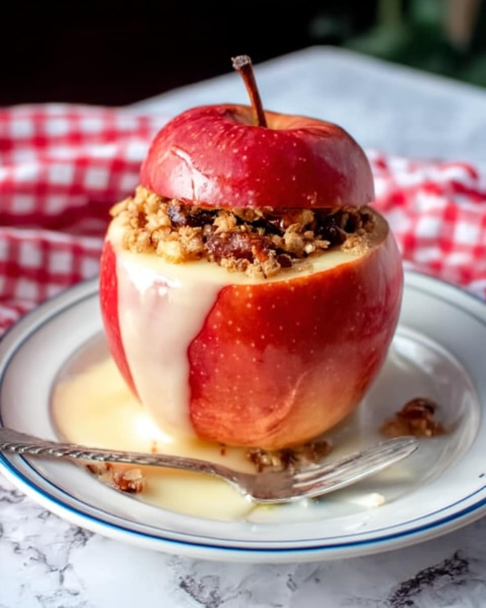A whole red apple sits in the center of a white plate with a blue rim, its top cut off and placed back like a lid, showing a filling inside. The filling is crumbly and brown, with nuts and raisins visible, and some cream sauce is dripping down the sides of the apple onto the plate. The plate is on a white marbled surface with a red and white checkered cloth partially visible behind it. There is a silver fork resting on the plate’s edge. Photo taken with an iphone --ar 4:5 --v 7