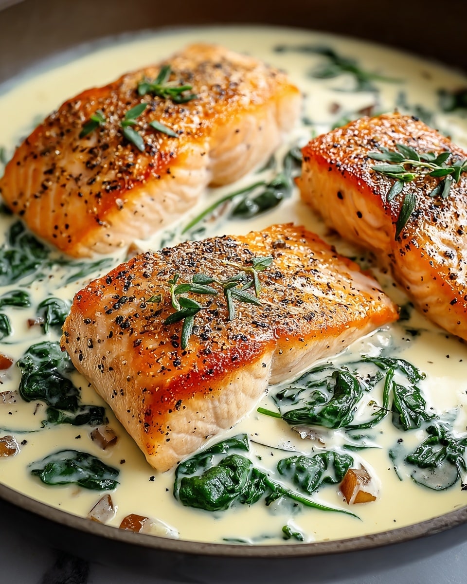The image shows three pieces of cooked salmon with a golden-brown crust, placed in a shallow layer of creamy white sauce with green spinach leaves and small brown bits scattered around. Each salmon piece has a light sprinkling of black pepper and fresh herbs on top. The focus is on the fish’s flaky texture and seared surface, surrounded by the smooth, rich cream sauce resting at the bottom. The setting includes a white marbled texture underneath the pan. photo taken with an iphone --ar 4:5 --v 7
