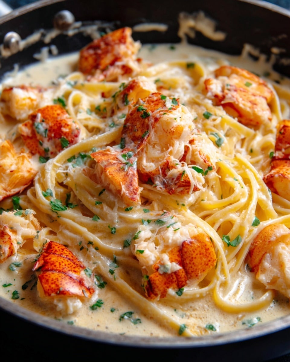 A black pan filled with creamy pasta in a thick white sauce, with large chunks of bright orange lobster meat scattered on top. The pasta is long and slightly curled, covered evenly by the sauce that looks smooth and rich. Small green herb pieces are sprinkled over the lobster and sauce, adding a fresh touch. The edges of the pan show some sauce splashes, giving a casual, freshly cooked feel. photo taken with an iphone --ar 4:5 --v 7