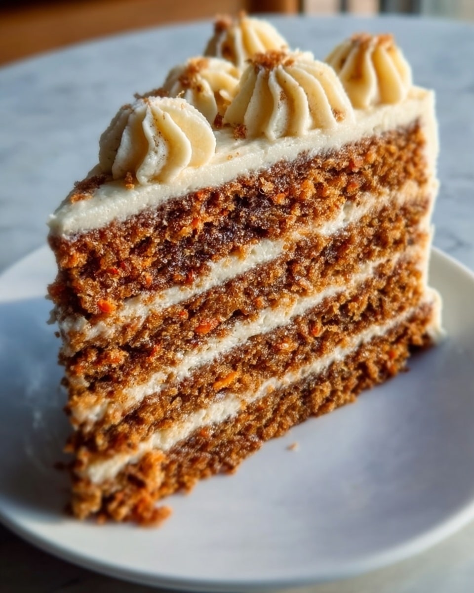 A slice of layered carrot cake on a white plate, showing four layers of moist, brown cake with visible carrot bits and spices, separated by creamy off-white frosting in between each layer and frosting covering the top. The top has a decorative swirl of cream-colored frosting shaped like small rosettes. The cake texture looks soft and slightly crumbly, and the frosting is smooth and thick. The plate rests on a white marbled surface. Photo taken with an iphone --ar 4:5 --v 7
