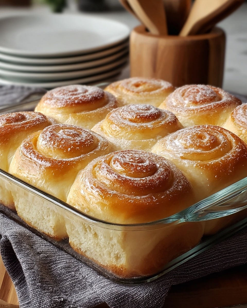 A glass baking dish holds six golden brown dinner rolls arranged in two rows of three. Each roll has a visible spiral pattern on top, with a glossy, slightly shiny crust dusted lightly with powdered sugar. The rolls show soft, fluffy layers beneath the crust, with a light, creamy color in the dough’s inner part. The baking dish sits on a folded dark gray cloth, resting on a white marbled surface. Blurred background includes stacked white plates and a wooden container with utensils. Photo taken with an iphone --ar 4:5 --v 7