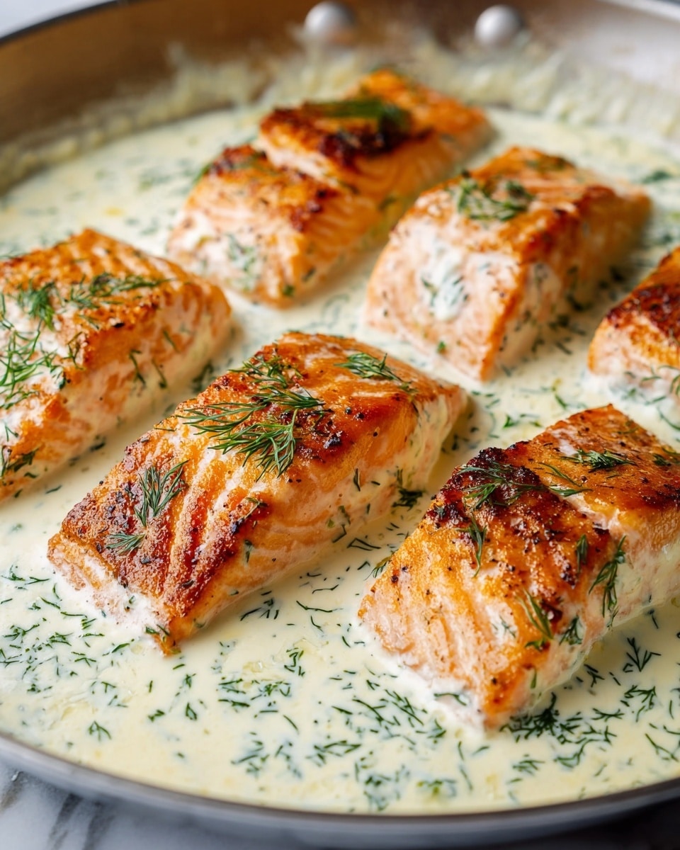 The image shows five pieces of cooked salmon resting in a creamy white sauce with green dill sprinkled on top and throughout. Each salmon piece has a golden-brown crust with visible grill marks, while the inside looks soft and pink. The sauce is smooth and surrounds the salmon evenly, creating a rich contrast with the fish’s texture. The pieces are arranged close to each other in a white pan, and the surface beneath has a white marbled texture. photo taken with an iphone --ar 4:5 --v 7
