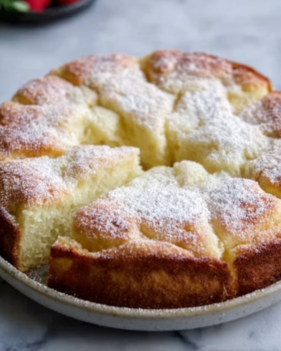 A close-up of a round white ceramic dish filled with a freshly baked cake that has a golden-brown crust and a soft, fluffy texture. The top layer shows a light dusting of white powdered sugar over uneven, slightly cracked surfaces with visible air bubbles. The cake is sliced into multiple pieces but still together, showing a pale yellow inside that looks moist and tender. The dish sits on a white marbled surface, giving a clean and bright background. Photo taken with an iphone --ar 4:5 --v 7