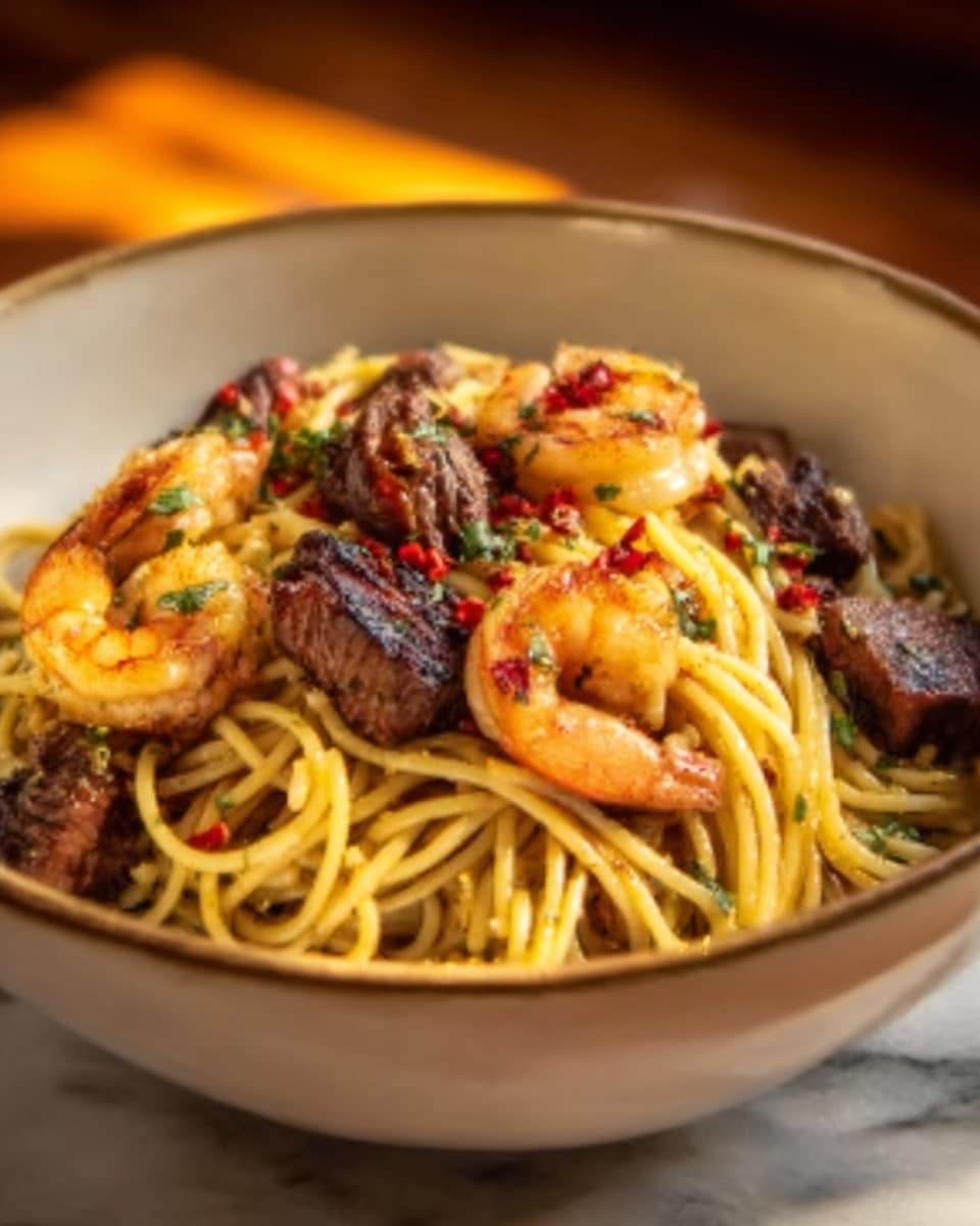 A white bowl filled with spaghetti noodles mixed with grilled shrimp and pieces of steak, garnished with red chili flakes and small green herbs scattered on top. The pasta is light yellow and looks glossy, the shrimp are pink and slightly charred, and the steak pieces are dark brown with a juicy texture. The bowl sits on a white marbled surface, and warm lighting highlights the rich colors of the food. Photo taken with an iphone --ar 4:5 --v 7