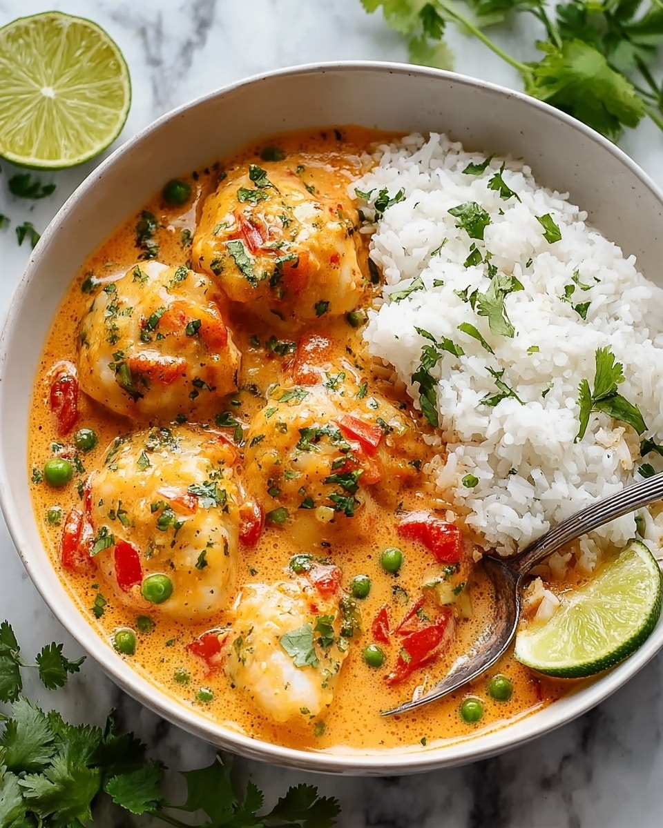 A white bowl filled with a generous serving of white rice on the top half, with four large pieces of white fish covered in a creamy orange sauce occupying the bottom half. The sauce is mixed with small green peas and bright red tomato chunks, topped with green cilantro leaves scattered around. A bright green lime wedge sits near the edge on the right side next to a silver spoon partly submerged in the sauce. The background is a white marbled texture with a lime cut partially visible on the upper left and green cilantro leaves around the bowl. photo taken with an iphone --ar 4:5 --v 7