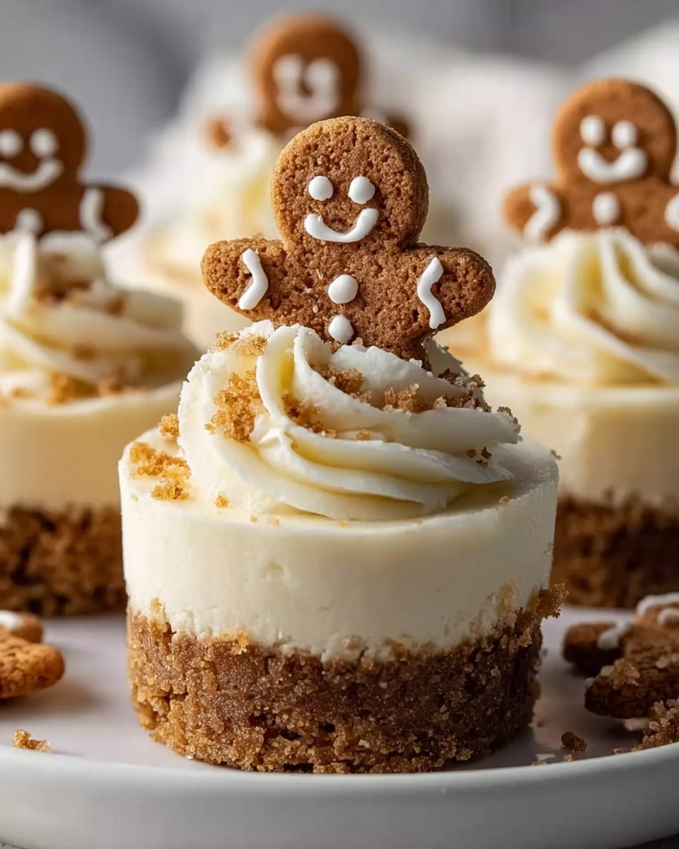 A close-up of a mini cheesecake with two layers, the bottom layer is a thick, crumbly brown base, and the top layer is smooth, creamy white cheesecake. On top of the cheesecake is a swirl of white frosting with small brown crumbs sprinkled over it. A small brown gingerbread man cookie with white icing details, smiling with two eyes, a curved mouth, and buttons, stands upright in the center. The cheesecake is on a white plate with more gingerbread men and crumbs visible in the blurred background, all set on a white marbled surface. photo taken with an iphone --ar 4:5 --v 7
