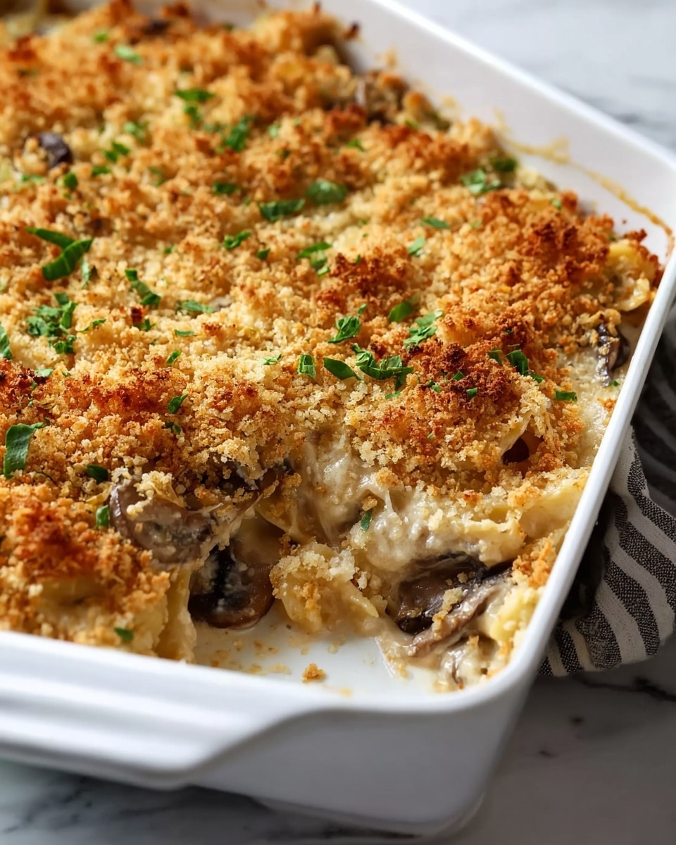 A close-up of a white rectangular baking dish filled with a creamy casserole that has a golden brown crumb topping. The top layer is made of crunchy, lightly browned breadcrumbs with small bits of green herbs scattered across. Below the crumb layer, you see a creamy, beige sauce with soft, brown mushrooms and pieces of pasta mixed in. The casserole has one section scooped out, showing the rich, soft, and creamy layers inside. The dish sits on a white marbled surface with a corner of a striped cloth napkin nearby. Photo taken with an iphone --ar 4:5 --v 7