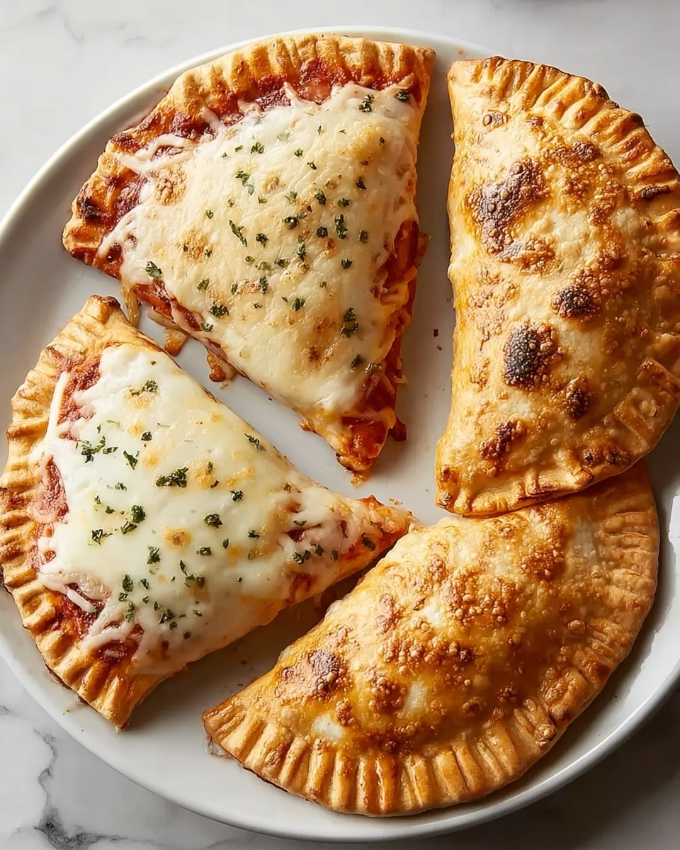 The image shows four calzones placed on a white round plate, which is set on a white marbled surface. Each calzone has a half-moon shape with a crimped edge that is golden brown and slightly shiny, showing a firm but flaky crust. Two calzones are fully covered in baked, smooth, and slightly browned cheese with some red tomato sauce peeking from underneath, sprinkled lightly with bits of green herbs on top. The other two calzones have a golden crust that is browned in spots but without visible cheese on top. The colors range from golden crust to the rich red of tomato sauce and the creamy white with golden brown touches of the melted cheese, creating warm, appetizing layers. Photo taken with an iphone --ar 4:5 --v 7
