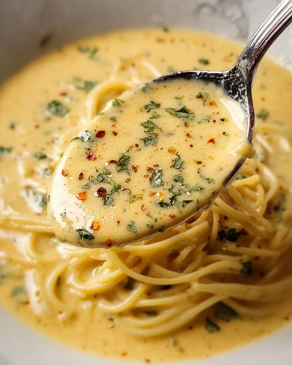 A close-up view of creamy yellow soup with small green and red herbs mixed inside, covering a white plate filled with thin spaghetti noodles partially visible under the soup. A spoon lifts a portion of the thick soup showing its smooth and slightly textured surface, with visible specks of spices and herbs. The background includes the soup-covered noodles blending softly into the white marbled texture. photo taken with an iphone --ar 4:5 --v 7