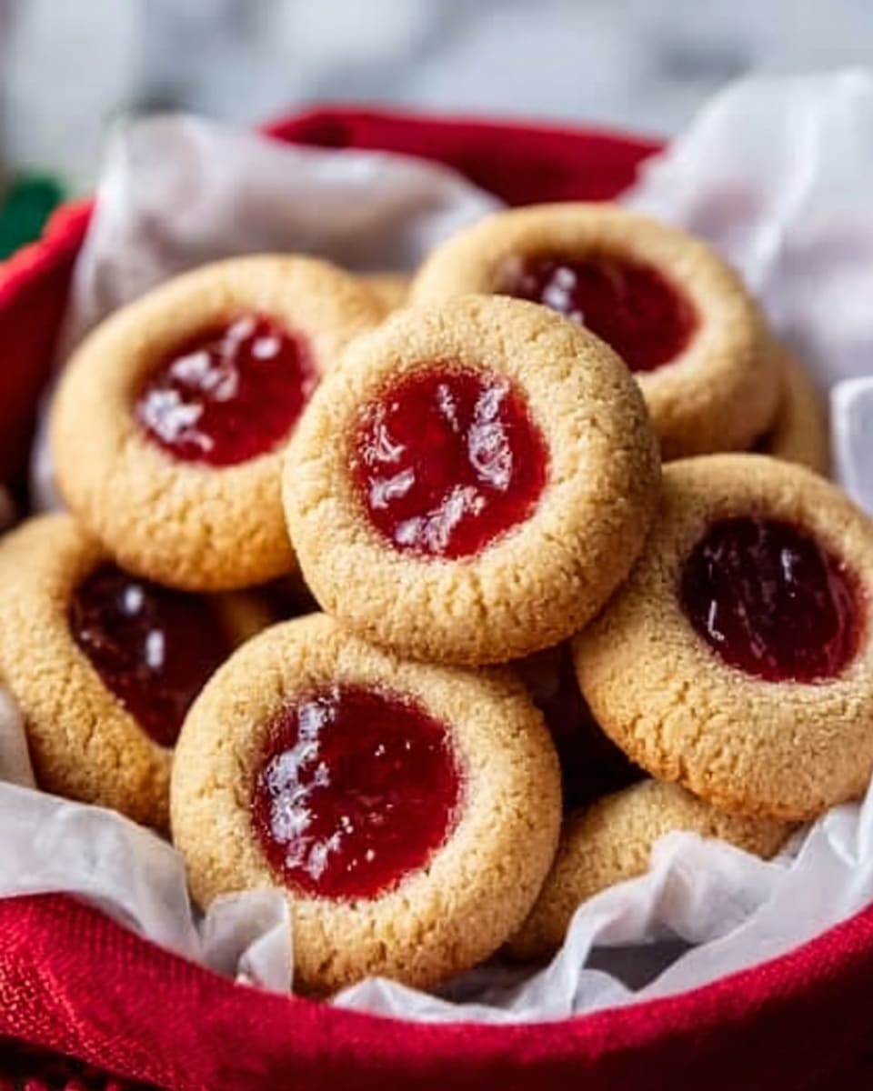 The image shows a white bowl filled with round cookies that each have a red jam center. The cookies are golden brown and look soft and slightly crumbly. The red jam in the middle is glossy and smooth, making a bright contrast to the cookies. The bowl is lined with white parchment paper, and there is a red cloth partially wrapped around the outside of the bowl. The background has a white marbled texture. photo taken with an iphone --ar 4:5 --v 7