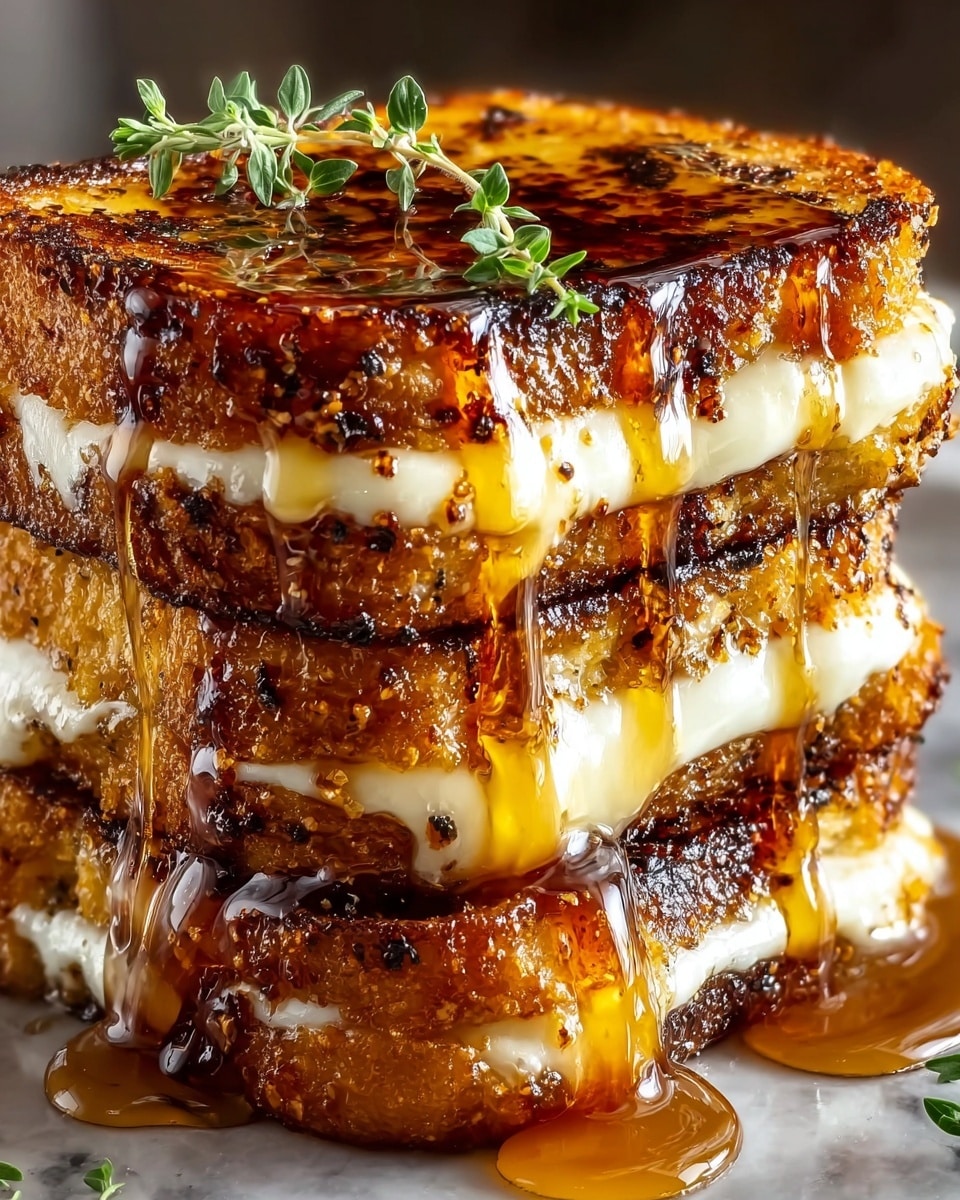 A close-up view of a stack of three grilled cheese sandwiches, each with two layers of golden brown, crispy bread with visible burnt spots and melted white cheese oozing between the slices. The sandwiches are generously drizzled with thick, glossy amber syrup flowing down the sides. On top of the stack, there are a few small fresh green herb sprigs. The background is a white marbled texture. photo taken with an iphone --ar 4:5 --v 7