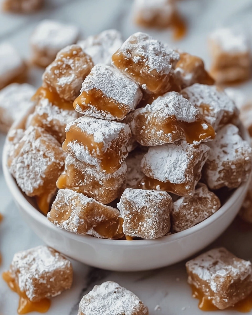 The image shows a white bowl full of small square-shaped treats with a light brown color. Each piece is covered in white powdered sugar, giving a soft and powdery texture on top. Some pieces have smooth caramel oozing out slightly, creating a glossy and sticky layer that contrasts with the dry powdered sugar. The treats have a rough texture with visible small nooks and bumps, stacked closely inside the bowl and spilling out onto a white marbled surface. photo taken with an iphone --ar 4:5 --v 7