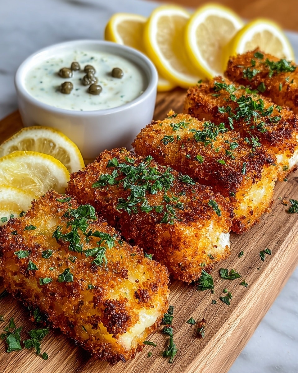 The image shows five rectangular, golden brown crispy fried cheese sticks lined up on a rustic wooden board, each piece sprinkled with fresh green herbs. Behind the cheese sticks are five slices of bright yellow lemon wedges placed upright in a row. To the top left corner, there is a small white bowl filled with white creamy sauce spotted with green herbs and small capers on top. The rough wood board contrasts with the white marbled texture surface underneath, adding a rustic touch. photo taken with an iphone --ar 4:5 --v 7