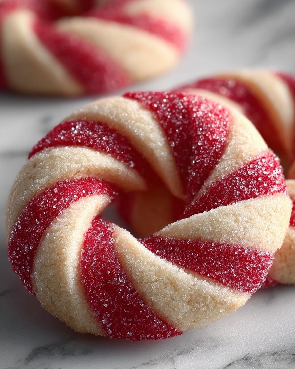 The image shows a close-up of a round cookie shaped like a ring, with alternating twisted stripes of red and light beige dough. Each stripe has a slightly rough texture and is coated with sparkling sugar crystals that catch the light, adding a sparkling effect. The cookie is set on a white marbled surface, with another similar cookie blurred in the background. The twist of the dough creates a soft, ridged pattern where the two colors meet, giving the cookie a festive and appealing look. Photo taken with an iphone --ar 4:5 --v 7