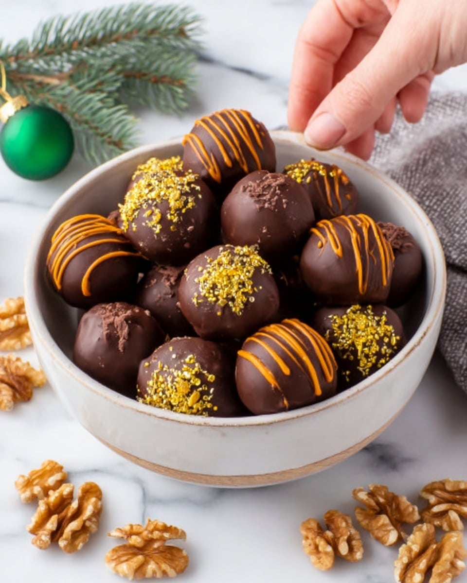The image shows a white bowl full of round chocolate truffles. The truffles are dark brown and smooth with some covered in gold sprinkles and others decorated with thin orange swirl lines on top. The bowl sits on a white marbled surface, and around it, there are walnuts and a small green ornament, adding extra detail to the scene. A woman's hand is about to pick one truffle from the bowl. Photo taken with an iphone --ar 4:5 --v 7