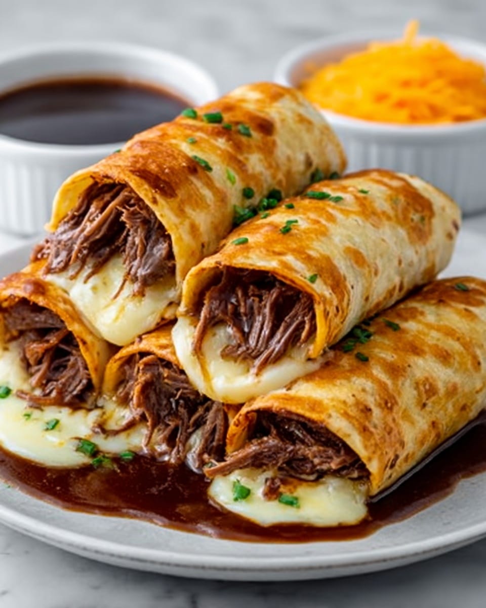 The image shows four rolled tortillas stacked closely on a white plate with a textured surface. Each tortilla is light golden brown with darker toasted spots, tightly wrapped around layers of melted white cheese and shredded brown beef, with rich brown sauce oozing out at the ends. Small green herb pieces are sprinkled over the tortillas. In the background, there is a small white bowl filled with dark brown dipping sauce, and another white bowl with shredded orange cheese. The whole scene is set on a white marbled surface. photo taken with an iphone --ar 4:5 --v 7