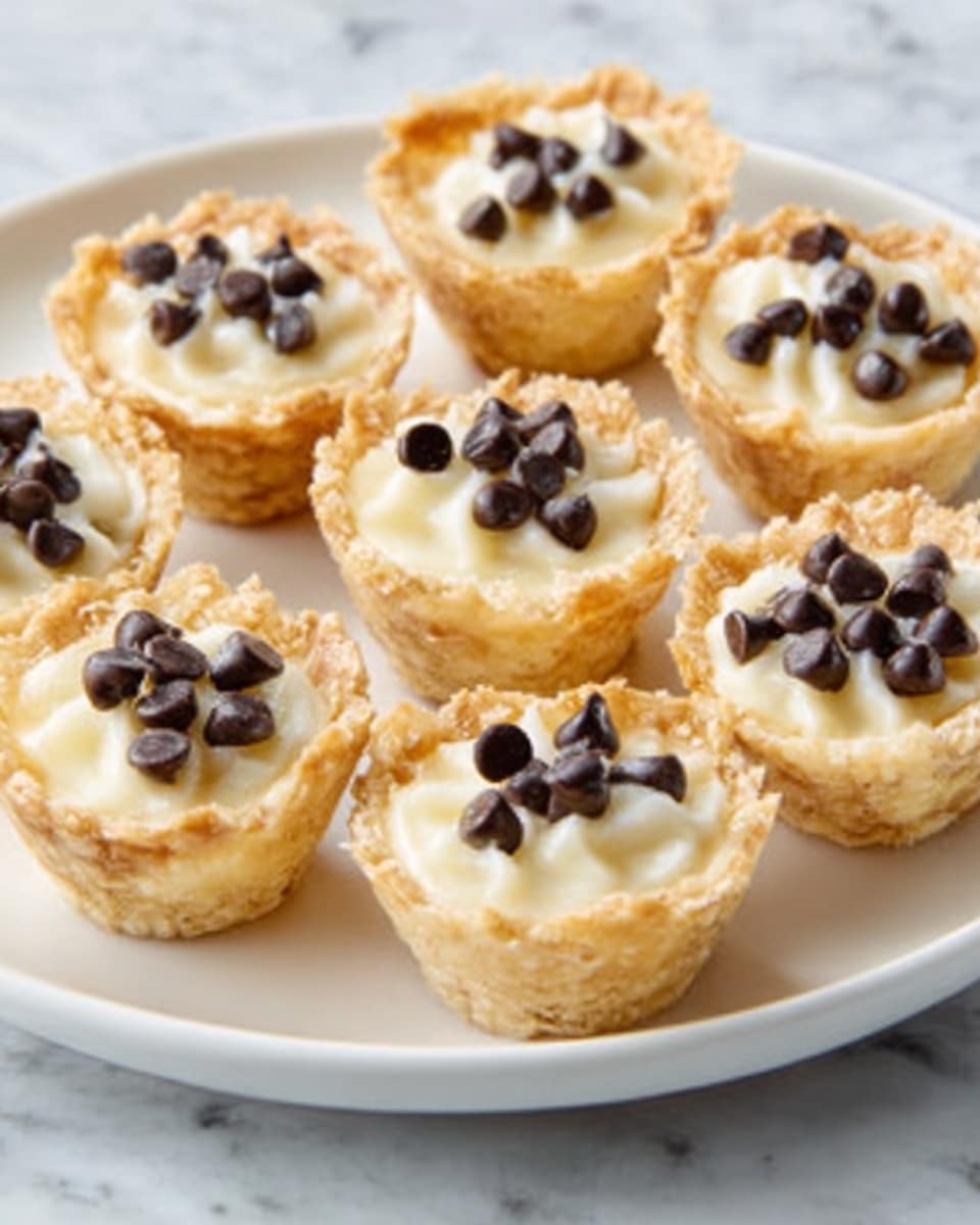 The image shows small tartlets arranged on a white plate sitting on a white marbled surface. Each tartlet has three visible layers: the outer layer is a golden brown, crispy-looking, ruffled pastry shell; inside this is a smooth, creamy white filling that appears soft and fluffy; on top of the filling are small, dark chocolate chips scattered evenly. The tartlets are placed close together, showing their similar size and shape. The light in the photo highlights the textures of the pastry and filling clearly, and the background is softly blurred. Photo taken with an iphone --ar 4:5 --v 7