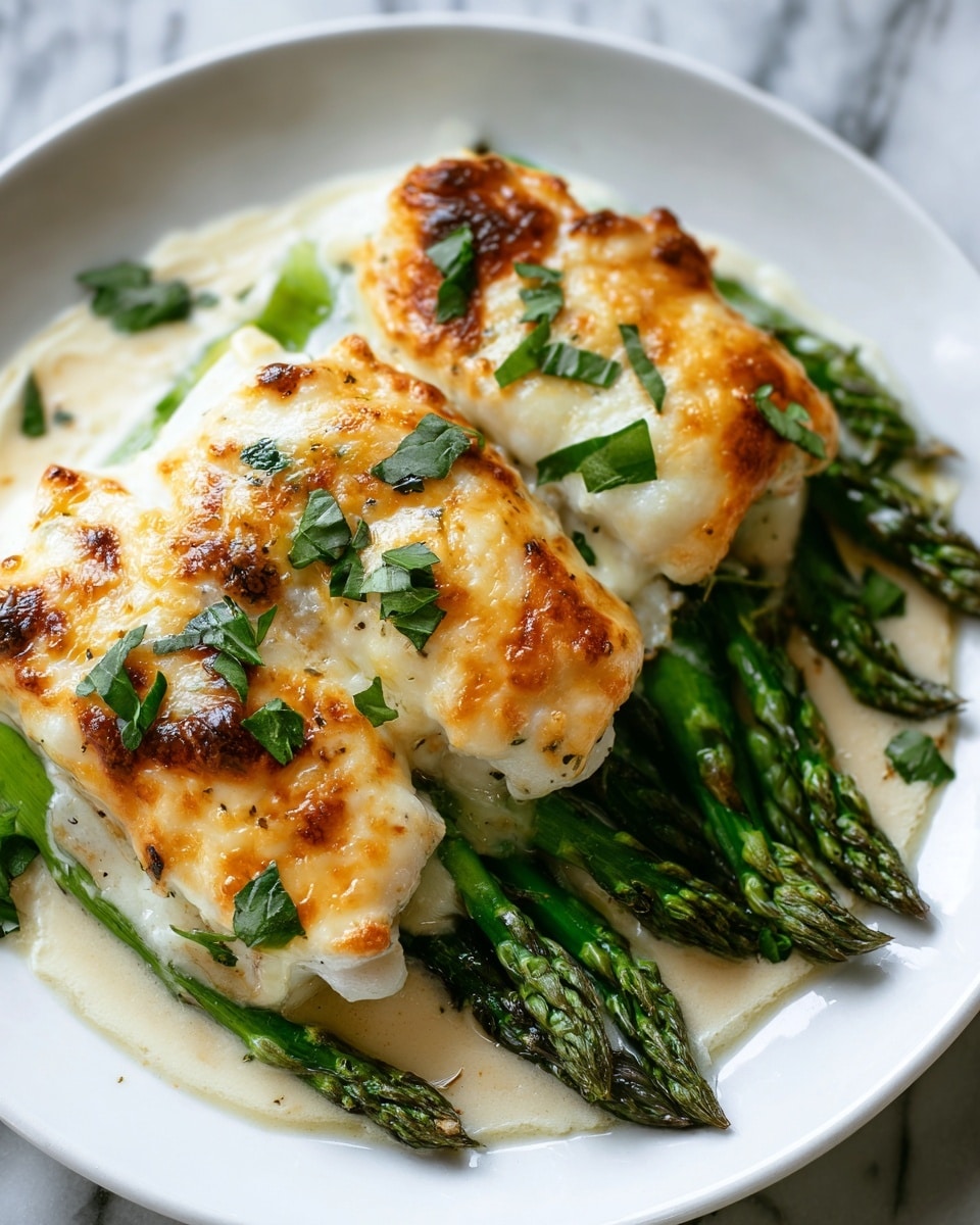 The dish shows three thick, white pieces of fish topped with a golden-brown, melted cheese layer that looks bubbly and slightly crispy with small browned spots. The fish rests on a bed of green asparagus spears, some visible underneath and around the fish pieces. Small green herb leaves are sprinkled on top of the cheese, adding a fresh touch. The fish and asparagus sit on a white plate with a creamy sauce pooling at the bottom. The background is a white marbled texture. photo taken with an iphone --ar 4:5 --v 7