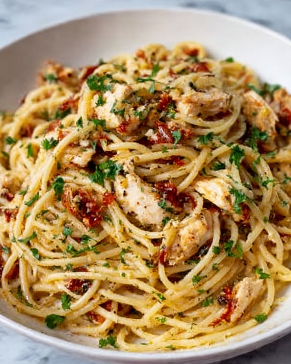 A bowl filled with spaghetti noodles mixed with small pieces of cooked chicken, chopped tomatoes, and fresh green herbs scattered on top. The pasta is light yellow with a glossy texture from the sauce, and the chicken pieces are white with a slightly browned crust. The tomatoes add small bursts of red color, while the herbs are bright green and look fresh. The food is served in a white bowl placed on a white marbled surface. photo taken with an iphone --ar 4:5 --v 7