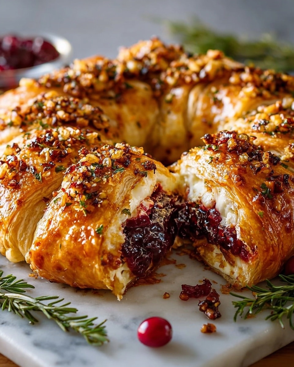 A golden brown pastry ring with visible flaky, layered dough forms the base, topped with a mix of chopped nuts and herbs. The inside reveals a layer of white cheese, covered by a thick, juicy layer of deep red cranberry sauce, which slightly oozes out. Around the pastry, fresh cranberries and green rosemary sprigs add a pop of color. The entire setup is placed on a white marbled surface. Photo taken with an iphone --ar 4:5 --v 7