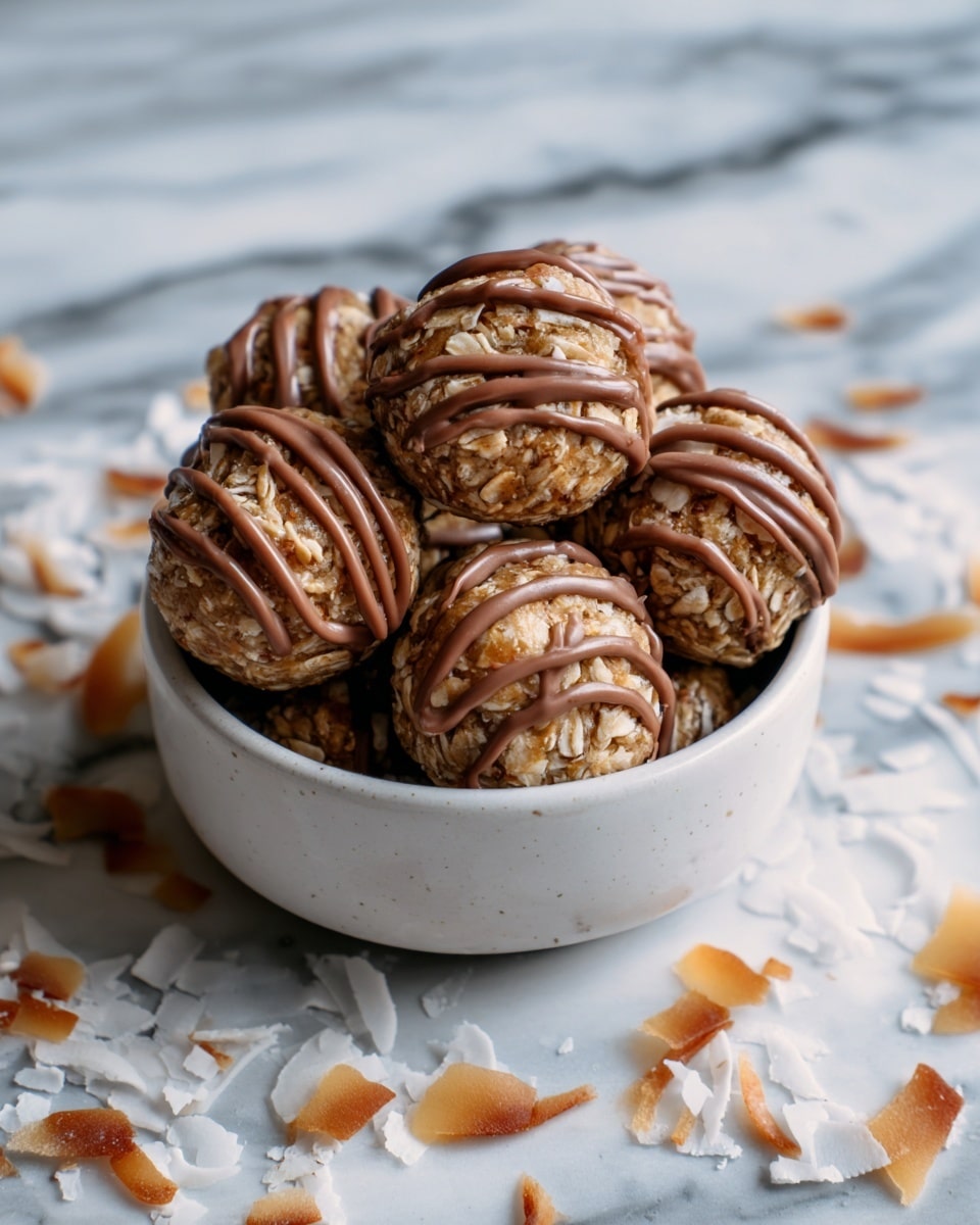A white bowl filled with six round energy balls made of oats and small nut pieces, stacked closely together. Each ball is drizzled with smooth milk chocolate lines running across from top to bottom. Around the bowl, on a white marbled surface, there are scattered thin white coconut flakes and small pieces of caramel-colored candy. The bowl has a simple brown rim and rough texture. photo taken with an iphone --ar 4:5 --v 7