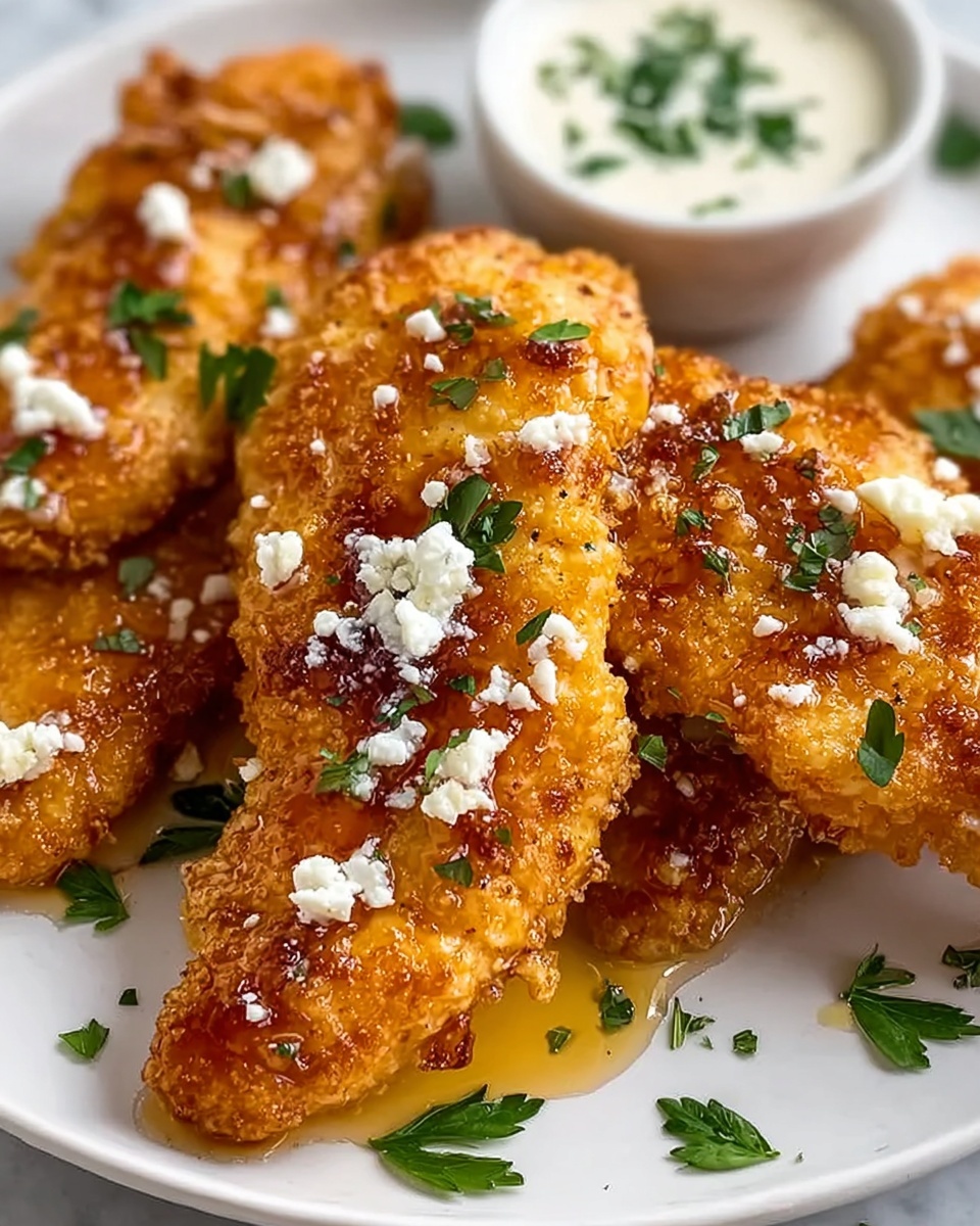 The image shows a close-up of golden-brown fried chicken strips arranged in a white plate, each piece crispy with a crunchy coating. The chicken is topped with small white crumbly cheese pieces and garnished with fresh green herbs scattered on top. The plate also includes a small white bowl of creamy white dipping sauce with green herbs sprinkled on its surface. The sauce looks smooth and thick, sitting near the top right corner of the plate. The dish is on a white marbled surface that contrasts the warm colors of the food, with light glistening on the chicken from a honey or syrup drizzle, giving it a shiny texture. Photo taken with an iphone --ar 4:5 --v 7