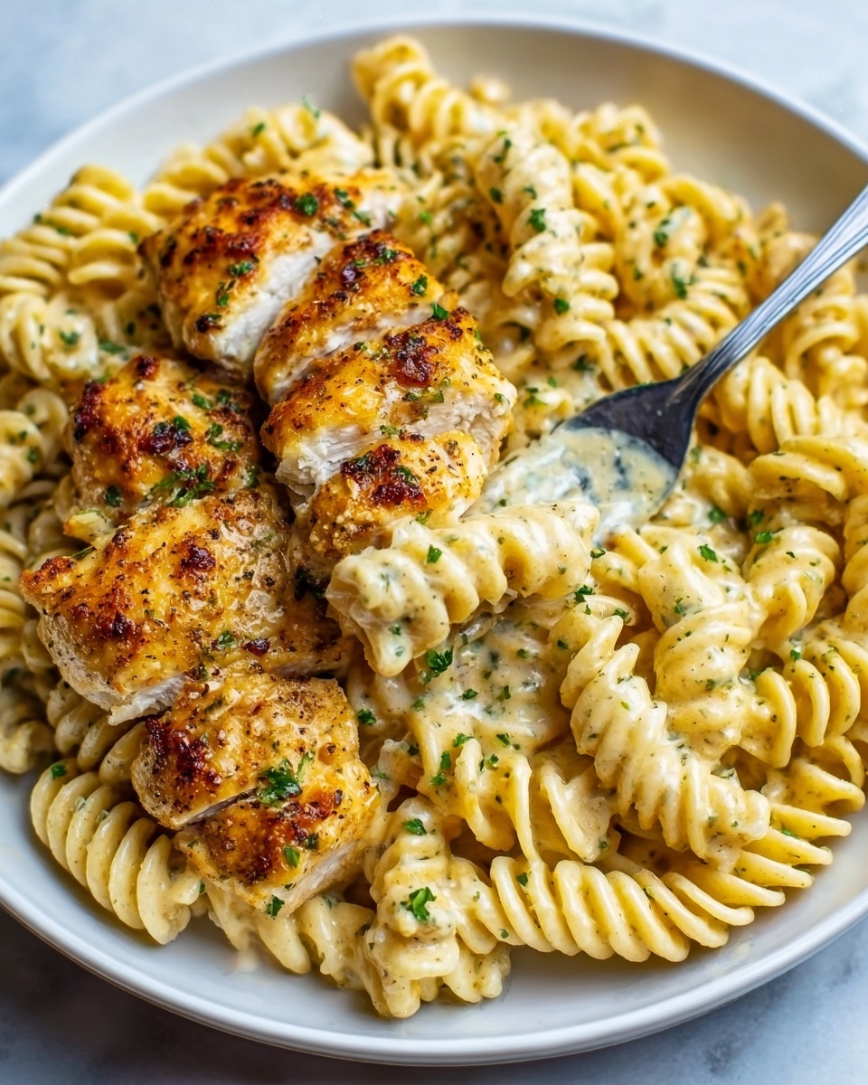 A white plate with twisted pasta on the left side, light yellow and smooth in texture. On the right side, there are several pieces of golden brown grilled chicken with crispy edges, stacked in one layer. The chicken is topped with a creamy white sauce that covers parts of the chicken and some pasta nearby. Small green herb pieces are sprinkled evenly on the top of the chicken and sauce, adding a fresh color contrast. A fork rests near the bottom right corner, shiny and metallic. The dish sits on a white marbled surface. photo taken with an iphone --ar 4:5 --v 7